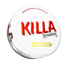 KILLA Exclusive Lemonade tobacco-free nicotine pouches can with premium 13.2mg nicopods on a white background.