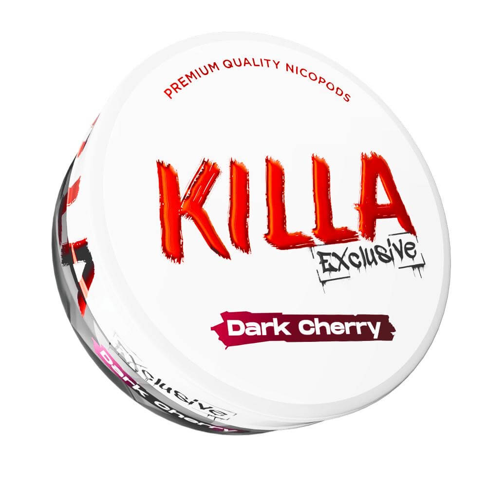 Killa Exclusive Dark Cherry Nicotine Pouches can with red branding and dark cherry flavor label on white background.