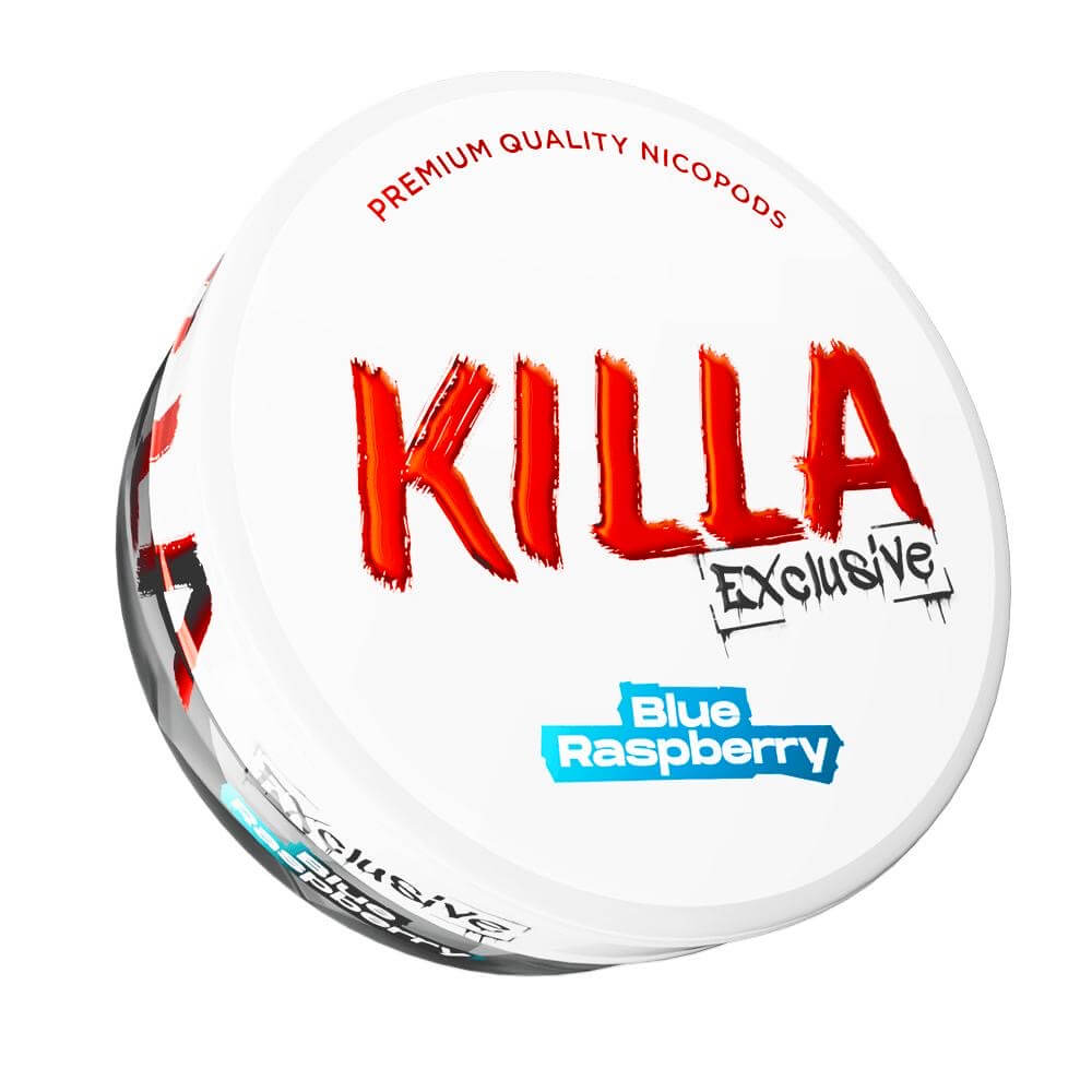 Killa Exclusive Blue Raspberry Nicotine Pouches can showing the red Killa logo and blue raspberry flavor tag.