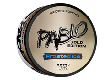 Pablo Gold Edition Frosted Ice Nicotine Pouches can with 17mg strength, featuring a gold and black metallic design.