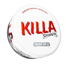 Killa Exclusive Cold Dry nicotine pouches can. Tobacco-free mint nicopods with a clean design on a white background.