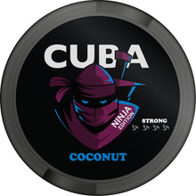 CUBA Ninja Edition Coconut nicotine pouch can with 30mg strong strength and purple ninja graphic on a black lid.