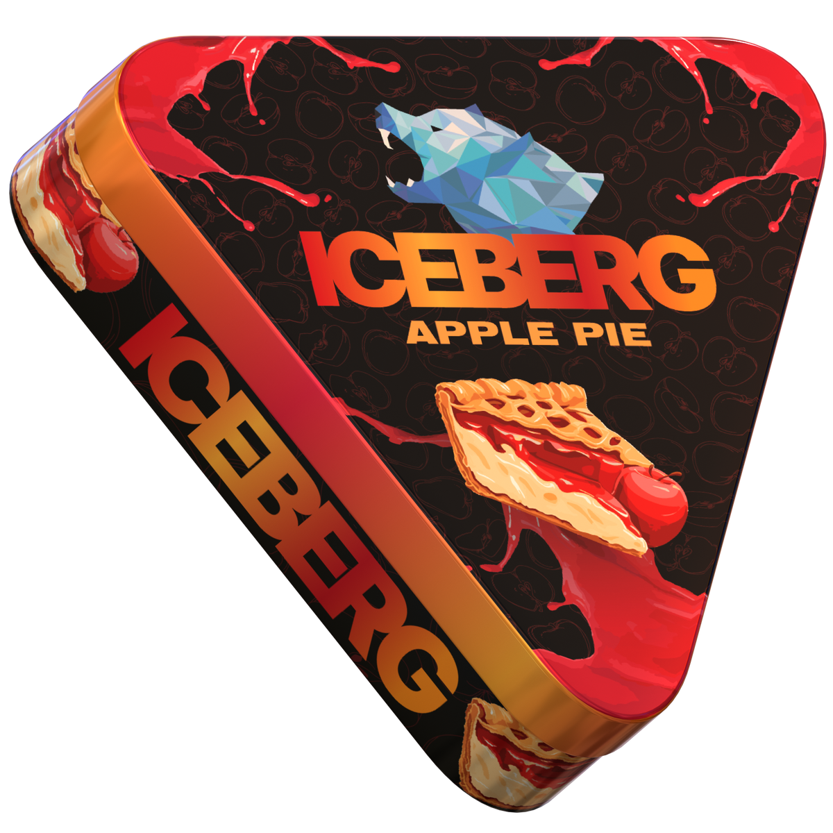 Iceberg Pies Apple Pie 40mg (50mg/g) nicotine pouches, side view of triangular tin with dessert branding.