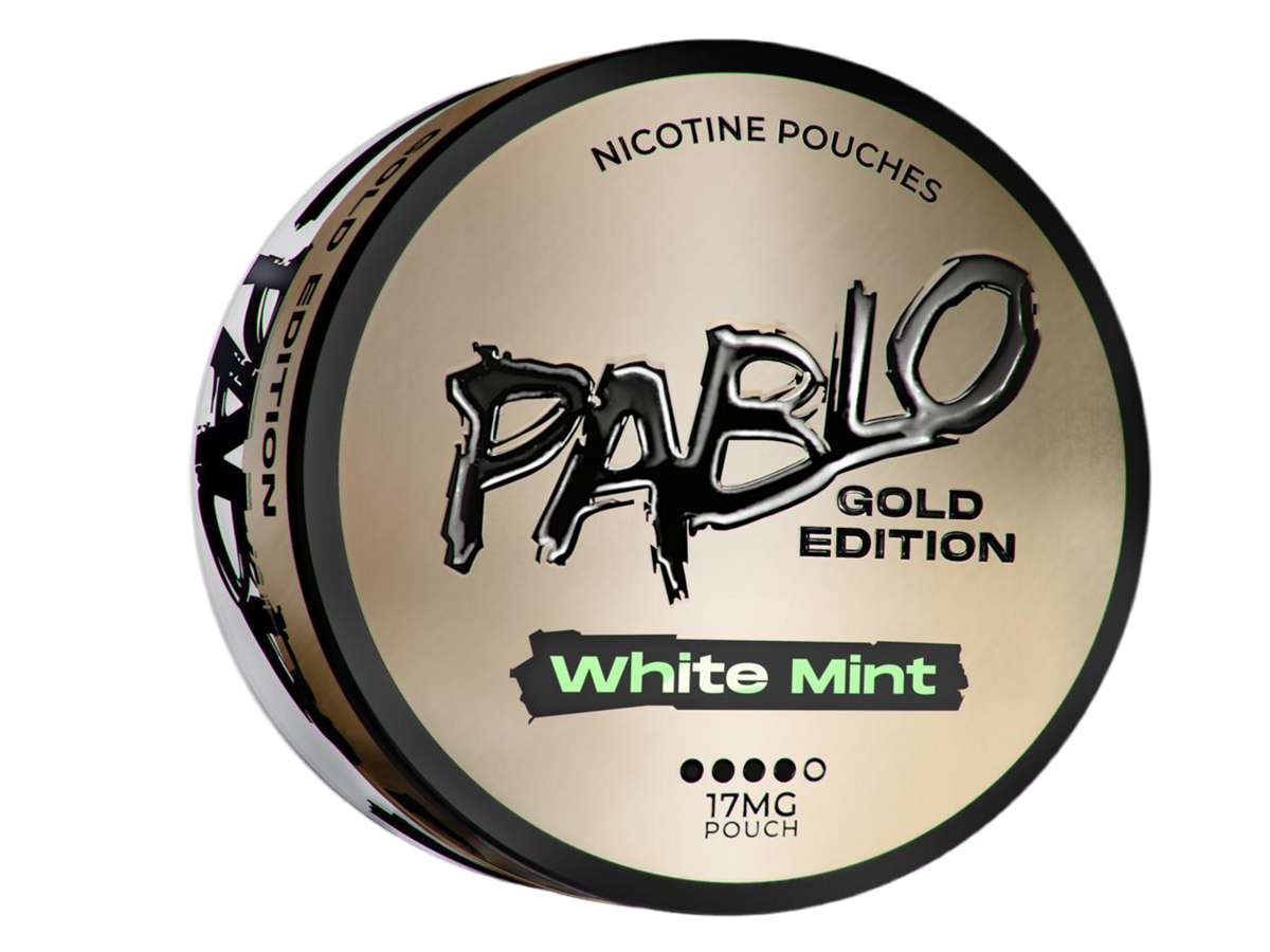 Pablo Gold White Mint Nicotine Pouches Gold Edition can, 17mg strength with black and green accents on a gold background.