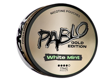 Pablo Gold White Mint Nicotine Pouches Gold Edition can, 17mg strength with black and green accents on a gold background.