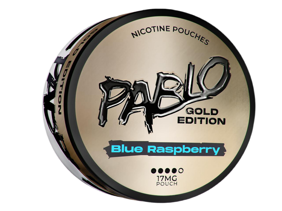 Pablo Gold Edition Blue Raspberry nicotine pouches can, 17mg strength slim pouches for Shopify GB.