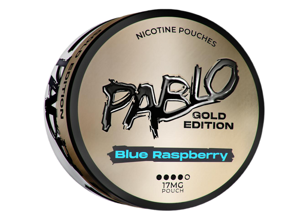 Pablo Gold Edition Blue Raspberry nicotine pouches can, 17mg strength slim pouches for Shopify GB.