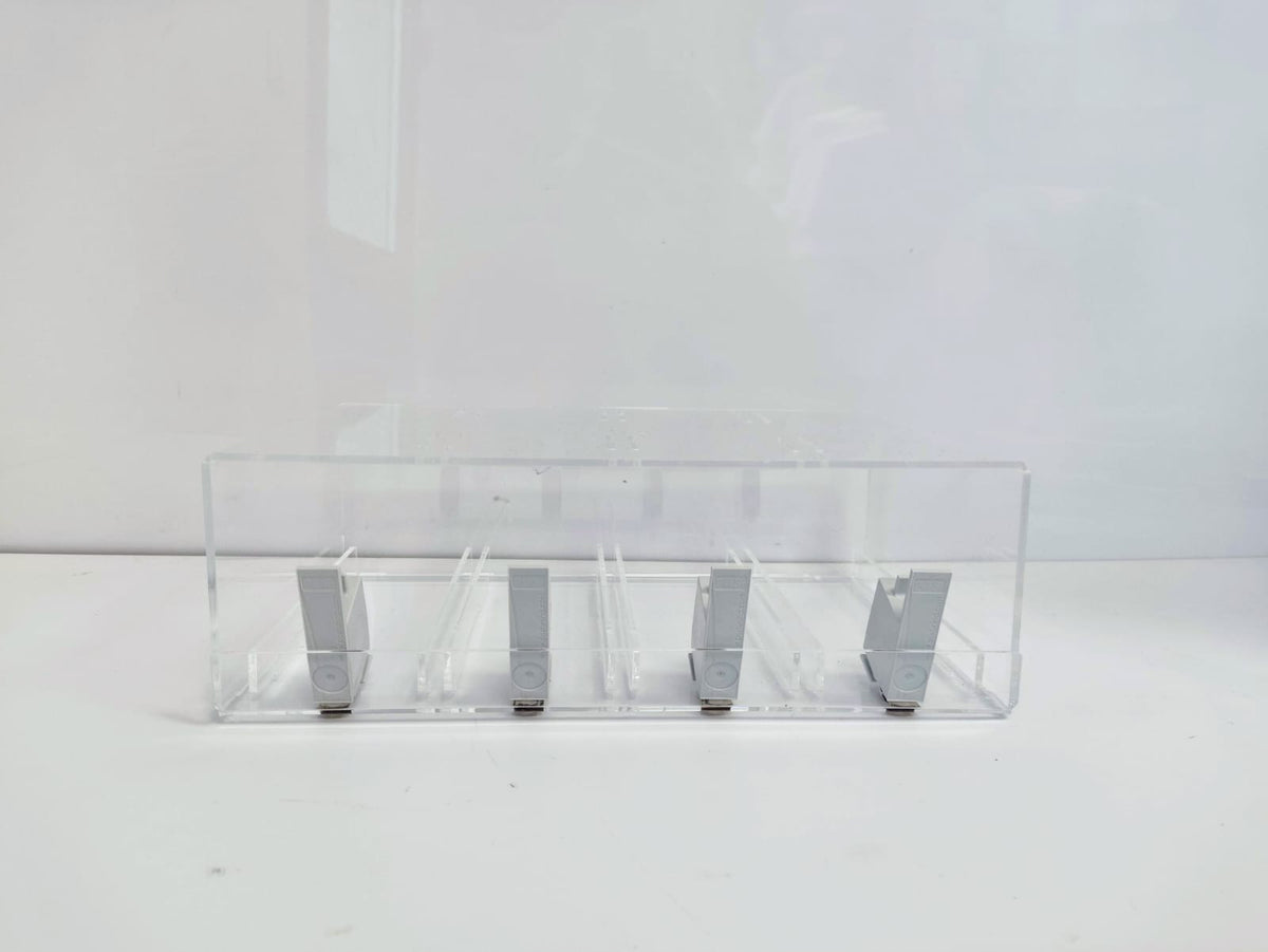 Back view of the 4 lane nicotine pouch display stand with pushers