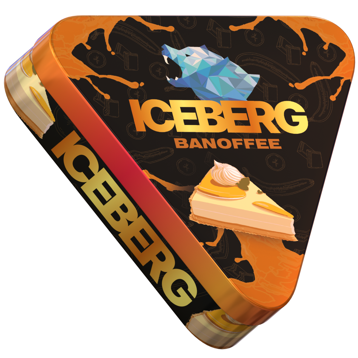 Triangular tin of Iceberg Pies Banoffee 40mg (50mg/g) nicotine pouches, showing banana and caramel dessert graphics.