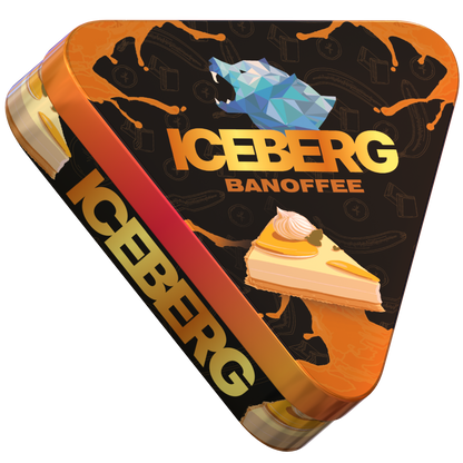 Triangular tin of Iceberg Pies Banoffee 40mg (50mg/g) nicotine pouches, showing banana and caramel dessert graphics.