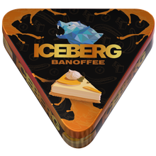 Top view of Iceberg Banoffee 40mg (50mg/g) nicotine pouches in a triangular tin with banana and caramel dessert illustrations.