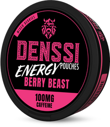 Denssi Energy Berry Beast 100mg Caffeine Pouches in a black and pink can featuring a viking logo.