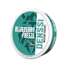 Denssi Blueberry Freeze 16mg Nicotine Pouches, circular white and teal tin with tobacco-free pouch branding.