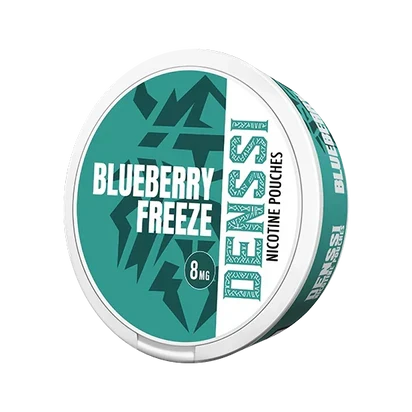 DENSSI Blueberry Freeze 8mg Nicotine Pouches can with teal and white branding, featuring a menthol fruit flavor profile.