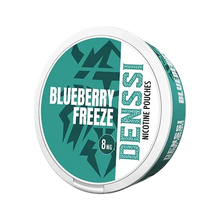 DENSSI Blueberry Freeze 8mg Nicotine Pouches can with teal and white branding, featuring a menthol fruit flavor profile.