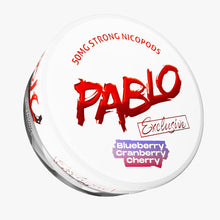 Pablo Exclusive Blueberry Cherry Cranberry Nicotine Pouches, 50mg Strong Nicopods on white background.