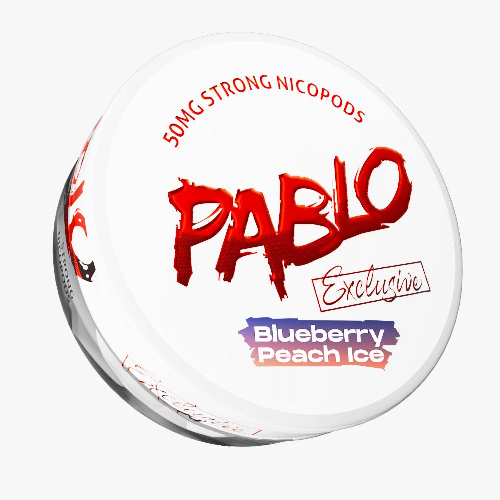 Pablo Exclusive Blueberry Peach Ice Nicotine Pouches, 50mg Strong Nicopods tin on white background.