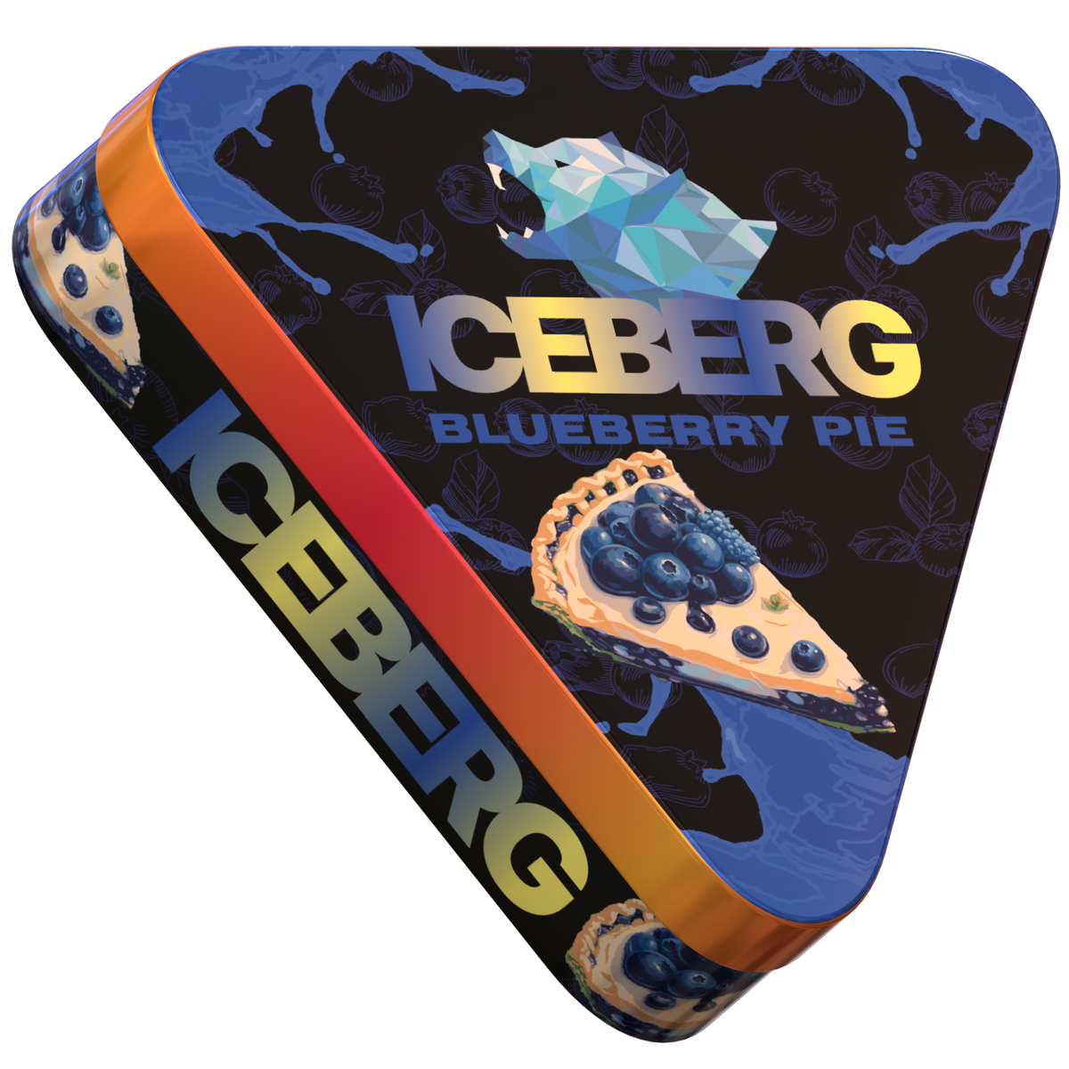 Side view of Iceberg Blueberry Pie nicotine pouches tin featuring a polar bear logo and blueberry pie slice illustration.