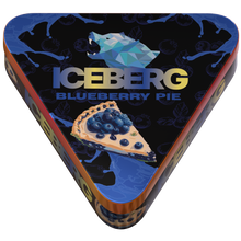 Iceberg Blueberry Pie nicotine pouches in a triangular tin featuring a slice of dessert pie and bear logo.