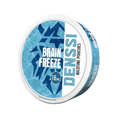 DENSSI Brain Freeze 16mg tobacco-free nicotine pouches can with icy blue graphic design on a black background.