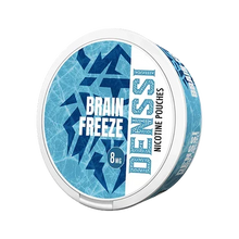 Denssi Brain Freeze 8mg nicotine pouches can featuring a blue ice-themed design and white branding on a black background.