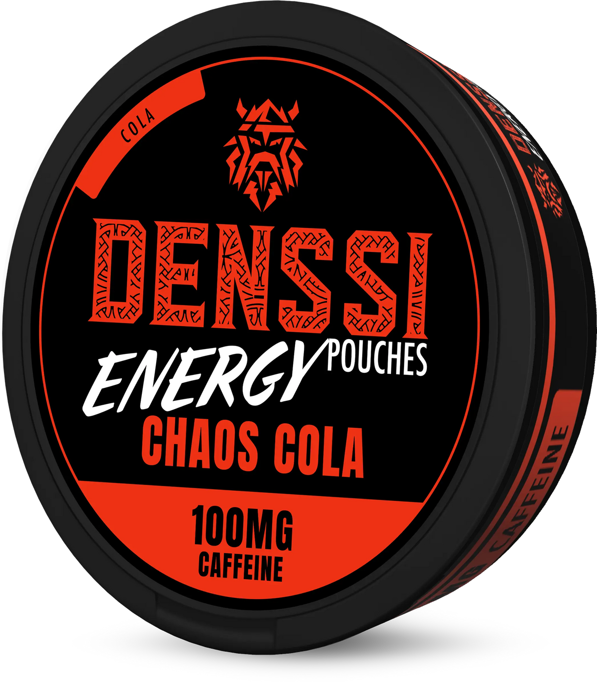 Denssi Energy Chaos Cola caffeine pouches in a black and red tin, 100mg caffeine per serving, sugar-free energy supplement.