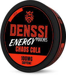 Denssi Energy Chaos Cola caffeine pouches in a black and red tin, 100mg caffeine per serving, sugar-free energy supplement.
