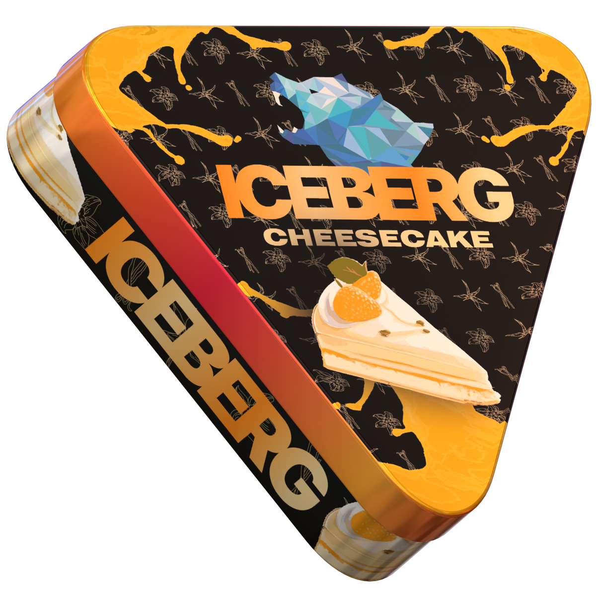 Side view of ICEBERG Cheesecake 40mg (50mg/g) nicotine pouches triangular tin with dessert graphics and blue polar bear logo.