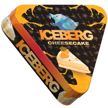 Side view of ICEBERG Cheesecake 40mg (50mg/g) nicotine pouches triangular tin with dessert graphics and blue polar bear logo.