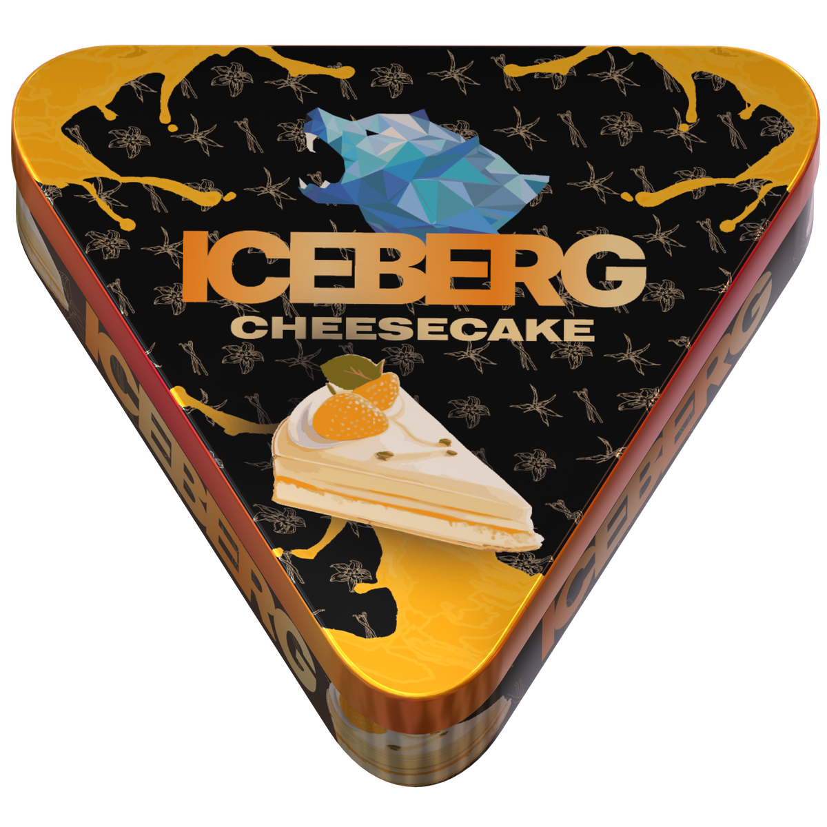 Top view of ICEBERG PIES Cheesecake 40mg (50mg/g) nicotine pouches in a triangular black and orange can.