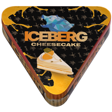 Top view of ICEBERG PIES Cheesecake 40mg (50mg/g) nicotine pouches in a triangular black and orange can.