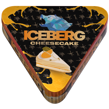 Top view of ICEBERG PIES Cheesecake 40mg (50mg/g) nicotine pouches in a triangular black and orange can.