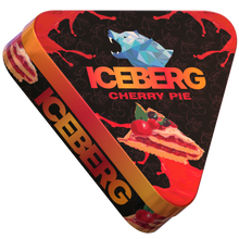 Side view of ICEBERG PIES Cherry Pie tobacco free nicotine pouches in a triangular tin with 40mg (50mg/g) strength branding.