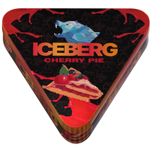 Triangular tin of Iceberg Cherry Pie nicotine pouches, 40mg (50mg/g), with polar bear logo and dessert illustration.