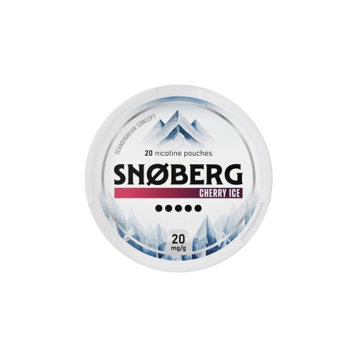 Snoberg Cherry Ice 20mg Nicotine Pouches can with mountain graphics and tobacco-free slim format branding.