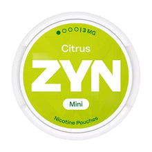 ZYN Citrus Mini 3mg Nicotine Pouches can with bright green label and white branding on a clean white background.