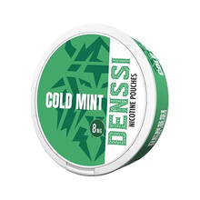 Denssi Cold Mint 8mg nicotine pouches in a green and white tin, tobacco-free all-white slim format.