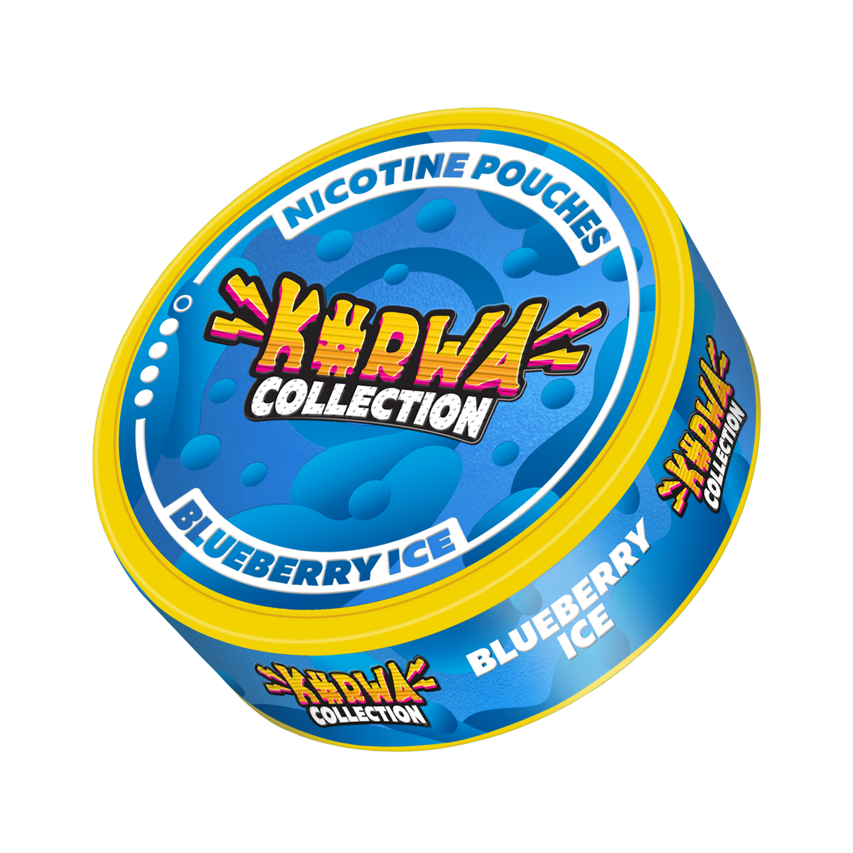 Side view of Kurwa Collection Blueberry Ice Nicotine Pouches can, featuring blue berry graphics and a yellow rim.