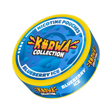 Side view of Kurwa Collection Blueberry Ice Nicotine Pouches can, featuring blue berry graphics and a yellow rim.