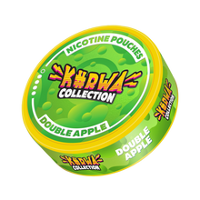 Kurwa Collection Double Apple Nicotine Pouches in a green and yellow can, side view with vibrant fruit branding.