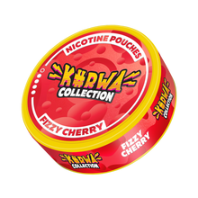 Side view of Kurwa Collection Fizzy Cherry nicotine pouches tin with red and yellow bubble-themed branding.