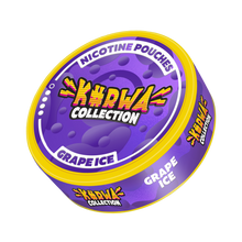 Side view of Kurwa Collection Grape Ice Nicotine Pouches in a purple and yellow can with a bold, stylized brand logo.