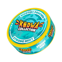 KURWA COLLECTION Strong Mint tobacco-free nicotine pouches in a vibrant teal and yellow can, side angle view.