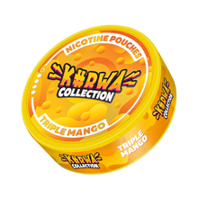 Kurwa Collection Triple Mango Nicotine Pouches, 12mg strength. Angled view of orange can with tropical mango branding.