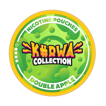 Kurwa Collection Double Apple Nicotine Pouches lid featuring green apple graphics and bold branding.