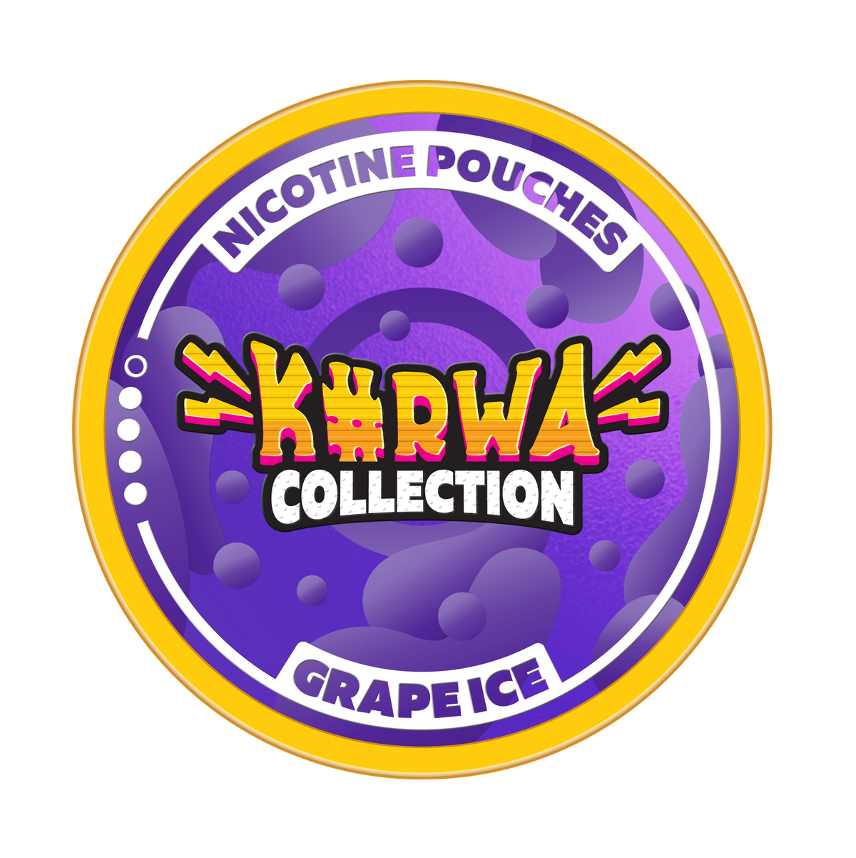 Kurwa Collection Grape Ice Nicotine Pouches can lid featuring purple grape graphics and yellow branding.