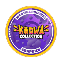 Kurwa Collection Grape Ice Nicotine Pouches can lid featuring purple grape graphics and yellow branding.