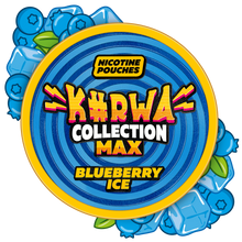 Kurwa Collection Max Blueberry Ice nicotine pouches can lid with blue swirl design, fresh blueberries, and ice cubes.