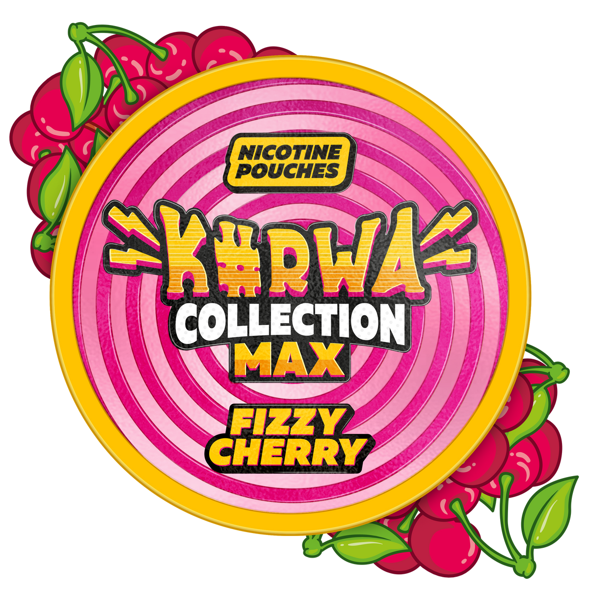 Kurwa Collection Max Fizzy Cherry Nicotine Pouches can with vibrant pink swirl label and fresh cherry illustrations.