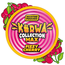 Kurwa Collection Max Fizzy Cherry Nicotine Pouches can with vibrant pink swirl label and fresh cherry illustrations.